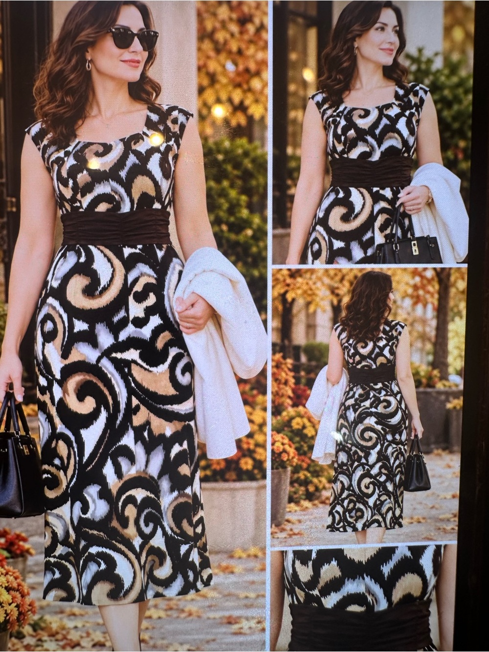 Perceptions Black, Cream & White Swirl Midi Fit-and-Flare Dress